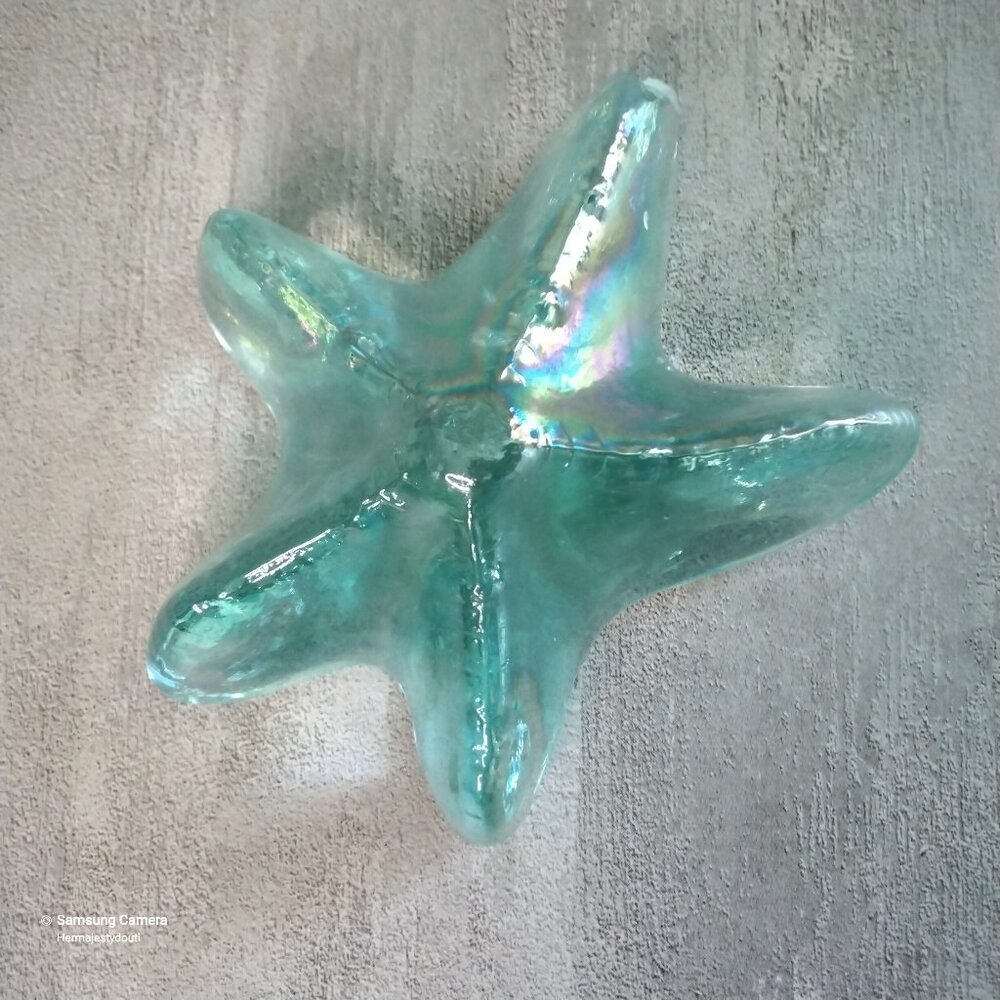 Iridescent Aqua Hand-Blown Glass Starfish Paperweight or Marinelife Home Decor